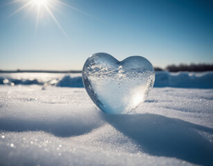 Piece of ice in the shape of a heart illuminated by rays of sunlight
