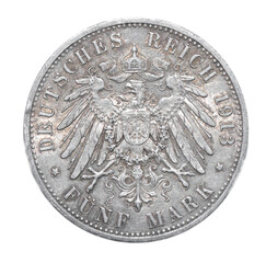 Wilhelm II Deutscher Kaiser Konig Von Preussen Bust of the king right 1913 Deutsches Reich 5 funf Mark authentic coin, back reverse side isolated on white background