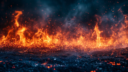 Fototapeta na wymiar A dramatic image of a fire, its flames licking at the night sky. The fire is surrounded by smoke and ash, creating a sense of danger and excitement. Well exposed photo
