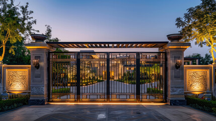 The grand entrance of a luxurious estate, with ornate gates and lighting, welcomes at dusk.