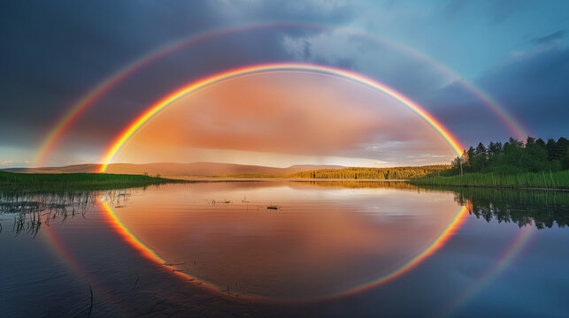 A visually stunning image of a rainbow, its colors shining brightly against a dark sky. The rainbow is reflected in a lake, creating a double rainbow effect. Well exposed photo