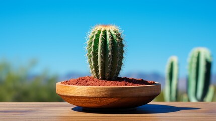 A cactus in a pot against the background of the blue sky and the Mexican desert.