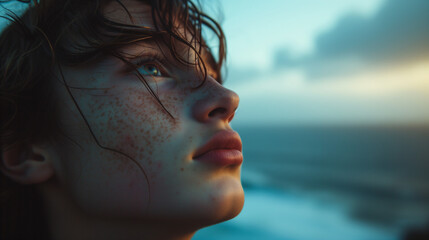 A thought-provoking image of a person, their face expressionless and their eyes staring off into the distance. The person is standing on a cliff, overlooking a vast ocean. Well exposed photo - Powered by Adobe