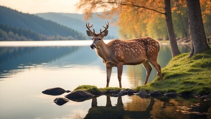 High-resolution image, 8K, tranquil lakeside scene, close-up of a serene deer delicately drinking from the water's edge, its reflection shimmering in the calm surface of the lake. generative AI