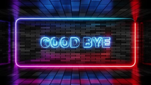 Neon sign good bye in speech bubble frame on brick wall background 3d render. Light banner on wall background. Goodbye loop parting or see you later, design template, night neon signboard