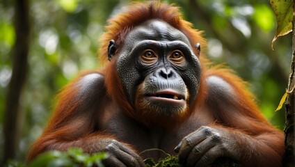 Stunning wildlife photograph, 8K, lush jungle setting, close-up of a curious orangutan swinging through the treetops, its intelligent eyes and expressive face captivating the viewer. generative AI