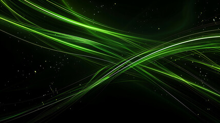 Modern wallpaper with green neon lines over a black background, illustrating a streaming energy concept with moving particles leaving glowing tracks