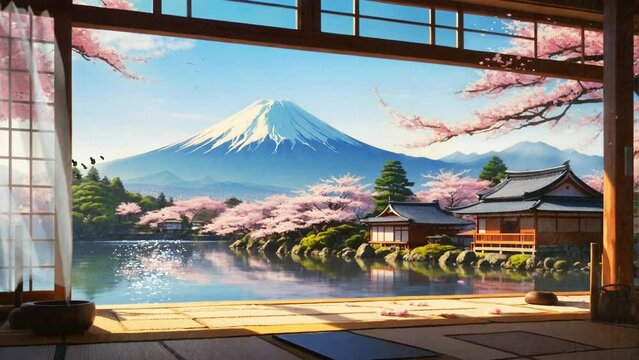 Landscape of traditional Japanese house in cherry blossoms season. Cartoon or anime watercolor digital painting illustration style. seamless looping 4k video animation background.