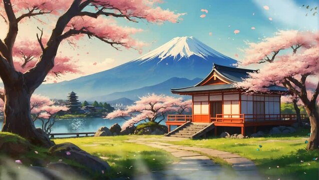 Landscape of traditional Japanese house in cherry blossoms season. Cartoon or anime watercolor digital painting illustration style. seamless looping 4k video animation background.