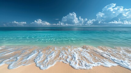 Tranquil beach with turquoise waters and white sand, serene coastal landscape