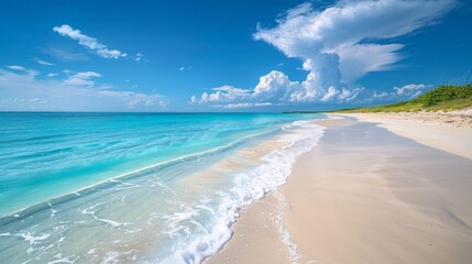 Fototapeta na wymiar Tranquil beach with turquoise waters and white sand, serene coastal landscape