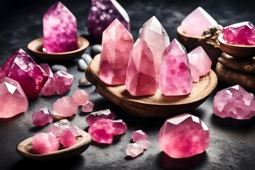 Healing reiki chakra crystals therapy. Alternative rituals with pink quartz for wellbeing, meditation, relaxation, mental health, spiritual practices. Energetical power concep
