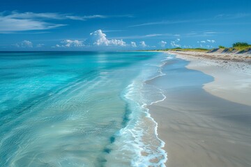 Tranquil beach with turquoise waters and white sand, serene coastal landscape