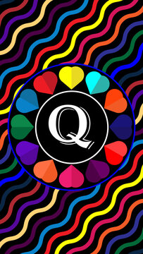 Q letter in circle of colorful hearts with colorful wave pattern. Suitable for Modern Mobile Phone Wallpaper. 4k Mobile Wallpaper