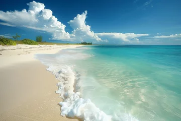 Foto op Canvas Tranquil beach with turquoise waters and white sand, serene coastal landscape © arhendrix