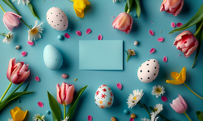colored easter eggs and spring flowers with copyspace on blue background, easter holiday