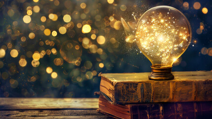 A magical lightbulb full of sparkles sits atop vintage books, casting a warm, golden glow and bokeh...