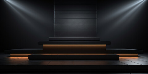 A black podium with a lit up screen on it ,Pedestal or podium display with yellow neon light, empty platform for product showcase, 3d rendering

