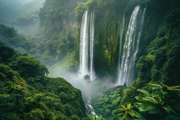 Fototapeta na wymiar Waterfall in a tropical forest, high angle, rainy season, soft natural light, misty and fresh