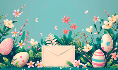 cartoon colored easter eggs and spring flowers with copyspace card on blue background, easter holiday