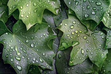 The Contrast in Textures Between Water Droplets on Green Leaves and Their Surroundings. The Beautiful Contrast in Glossiness of Droplets and Texture of Leaves.