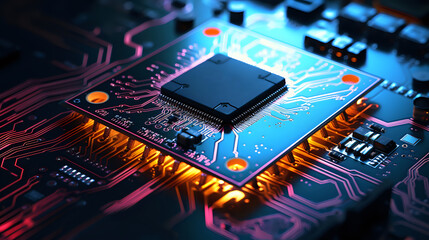 Fototapeta na wymiar High-Tech Microchip on Circuit Board.An image showcasing a high-tech microchip at the heart of a circuit board, glowing with connectivity and power, ideal for technology and innovation themes.