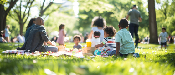 Community Picnic in Local Park, Families and Friends Enjoying Sunny Day Outdoors - obrazy, fototapety, plakaty