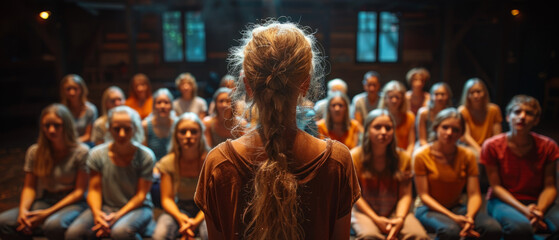 An actress facing the audience during a rehearsal, rear view. An intimate theatrical setting that emphasizes performance and engagement - obrazy, fototapety, plakaty