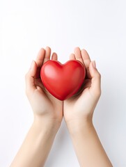 Woman doctor hands holding red heart on wide white background donate for hospital care concept. Panoramic world heart day and world health day, CSR community copy space - generative ai