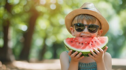 Eating a watermelon over a setting of fuzzy nature is a little lad with shades and a summer hat and space, Generative AI.