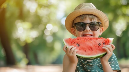 Eating a watermelon over a setting of fuzzy nature is a little lad with shades and a summer hat and space, Generative AI.