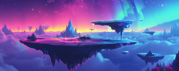 Neon-infused dreamscape with surreal floating islands and a mesmerizing aurora in the starry night sky