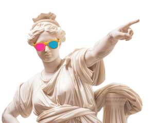Ancient Greek statue pointing finger, wear colorful sunglasses