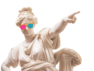 Ancient Greek statue pointing finger, wear colorful sunglasses