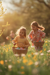 Children holding baskets with colorful Easter eggs in a meadow with grass and spring flowers. Celebration, Tradition, Happiness and Childhood concept.