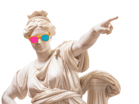 Ancient Greek statue pointing finger, wear colorful sunglasses