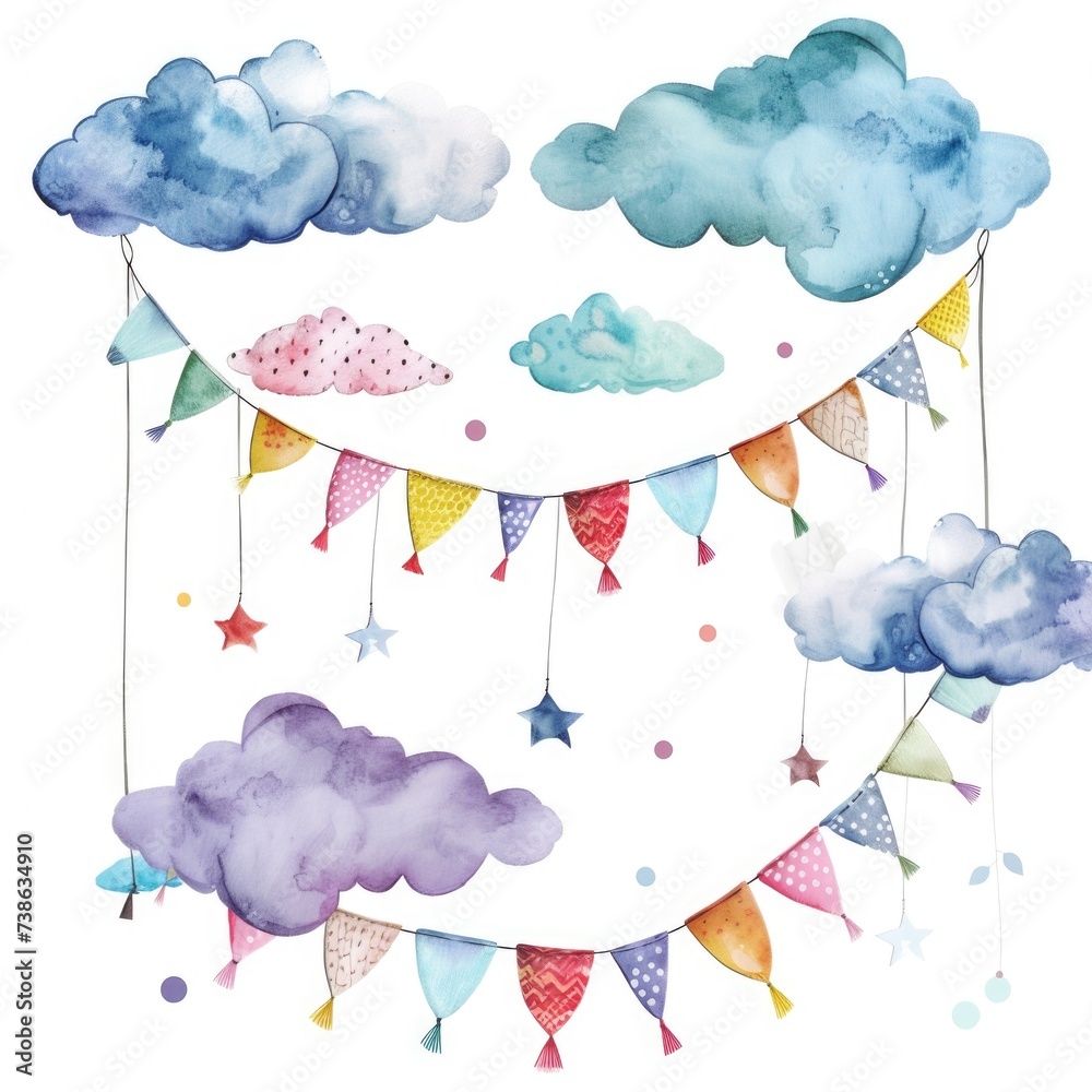 Poster a beautiful watercolor painting featuring clouds, stars, and bunting. perfect for adding a touch of 