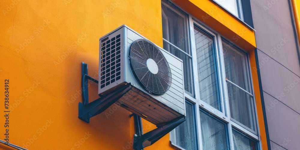 Poster an air conditioner attached to the side of a building. suitable for illustrating energy efficiency o
