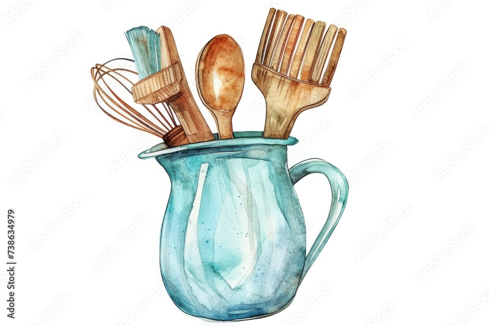 Poster A painting featuring a collection of wooden utensils placed inside a blue pitcher. This image can be used to add a rustic touch to kitchen decor or as a visual representation of cooking utensils