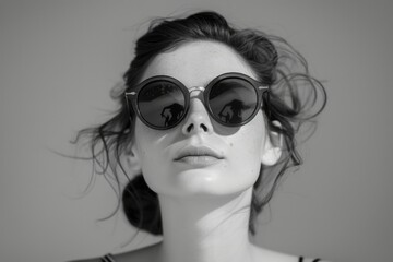 A woman is seen wearing stylish sunglasses while holding a black and white photo.