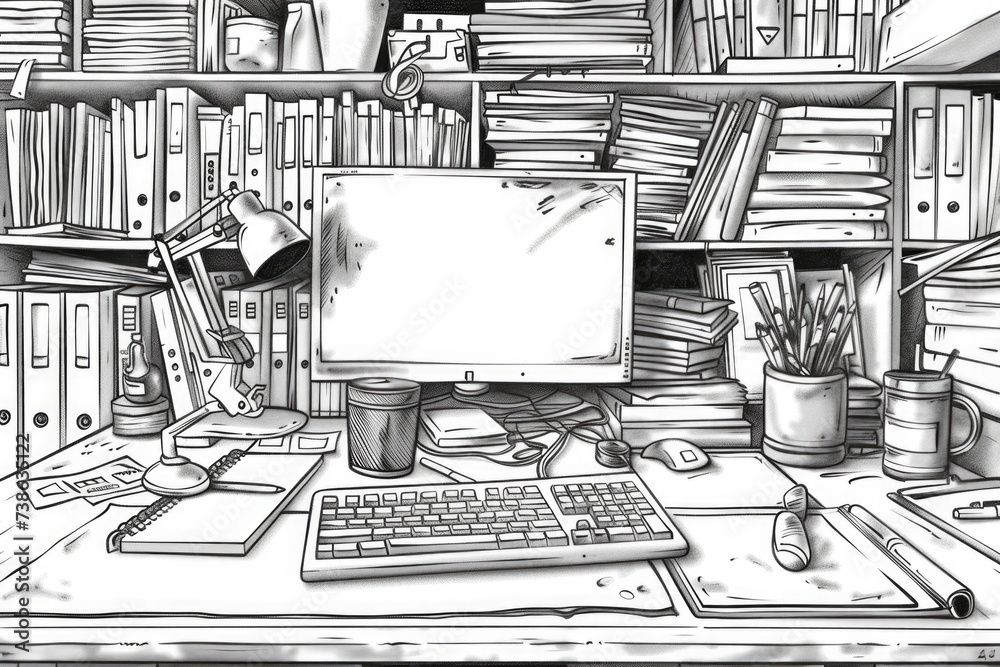 Poster A simple drawing of a computer placed on a desk. Suitable for illustrating office setups and technology concepts
