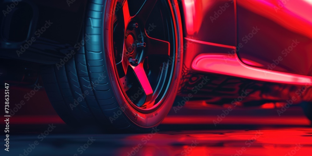 Poster close up view of a red car tire on a shiny reflective surface. suitable for automotive industry-rela