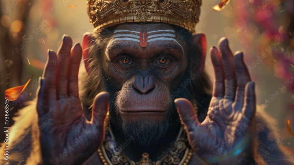 Poster a picture of a monkey wearing a crown on its head. perfect for animal lovers or those looking for a 