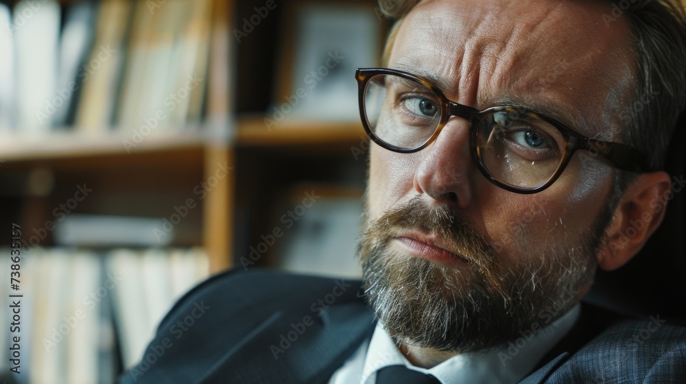 Poster a professional man with glasses and a beard dressed in a suit and tie. suitable for business and cor