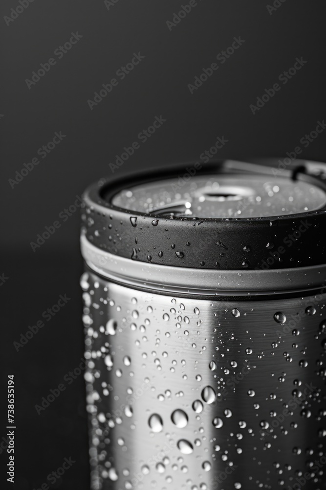 Poster a detailed view of a cup with small water droplets on its surface. this image can be used to depict 