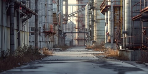 A picture depicting a dirty industrial area with numerous pipes. This image can be used to showcase industrial pollution or as a background for environmental-themed projects