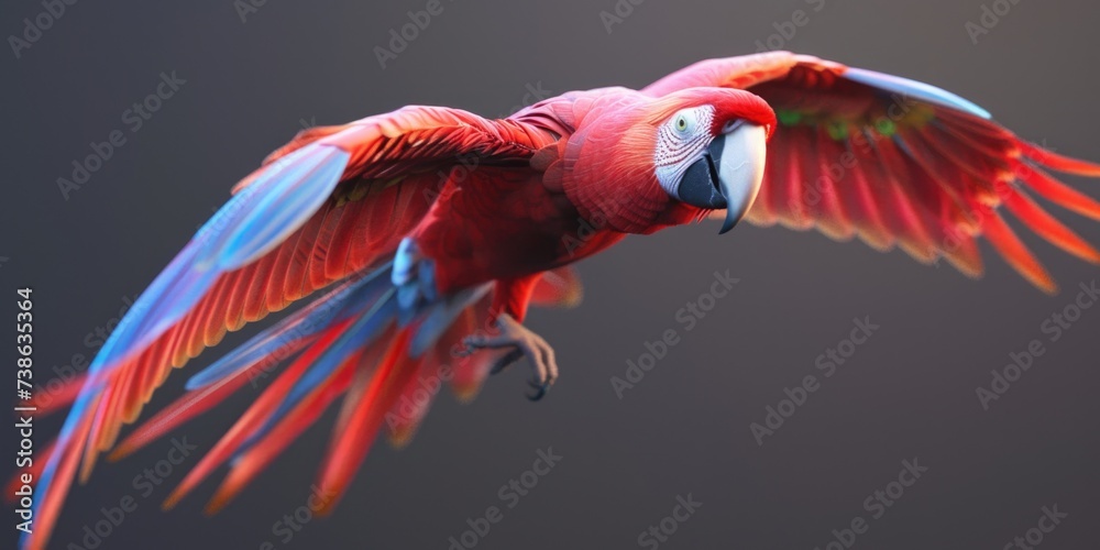 Poster A vibrant red and blue parrot soaring through the air. Perfect for adding a burst of color and energy to any project