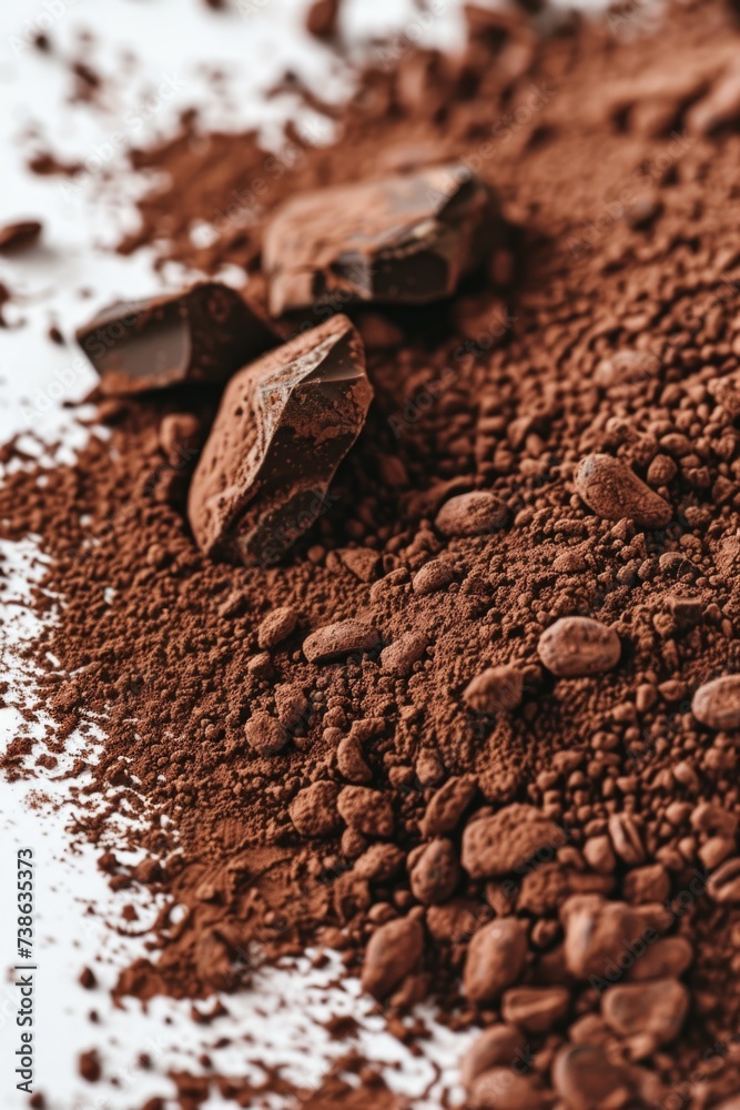 Poster a pile of chocolate arranged on a white surface. perfect for food-related projects