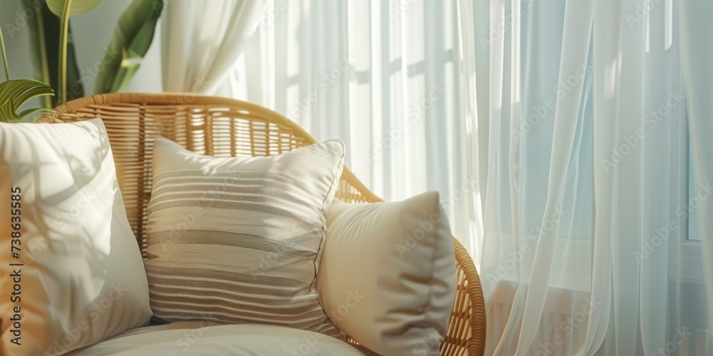 Poster A wicker chair placed next to a window. Can be used to create a cozy reading nook or add a touch of rustic charm to any space