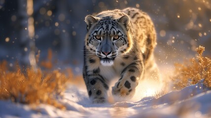 Fototapeta premium A majestic snow leopard gracefully sprints through the wintry landscape, its fierce whiskers and thick fur glistening in the sunlight